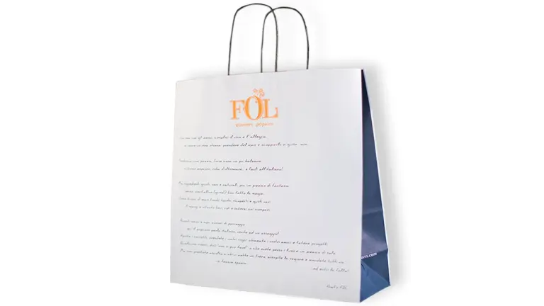 Shopping bag in carta automatica con maniglia ritorta personalizzata "FOL - Gourmet Popcorn" - PG Plast